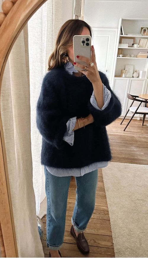 بافت و دورس سرمه‌ای در استایل پاییزی