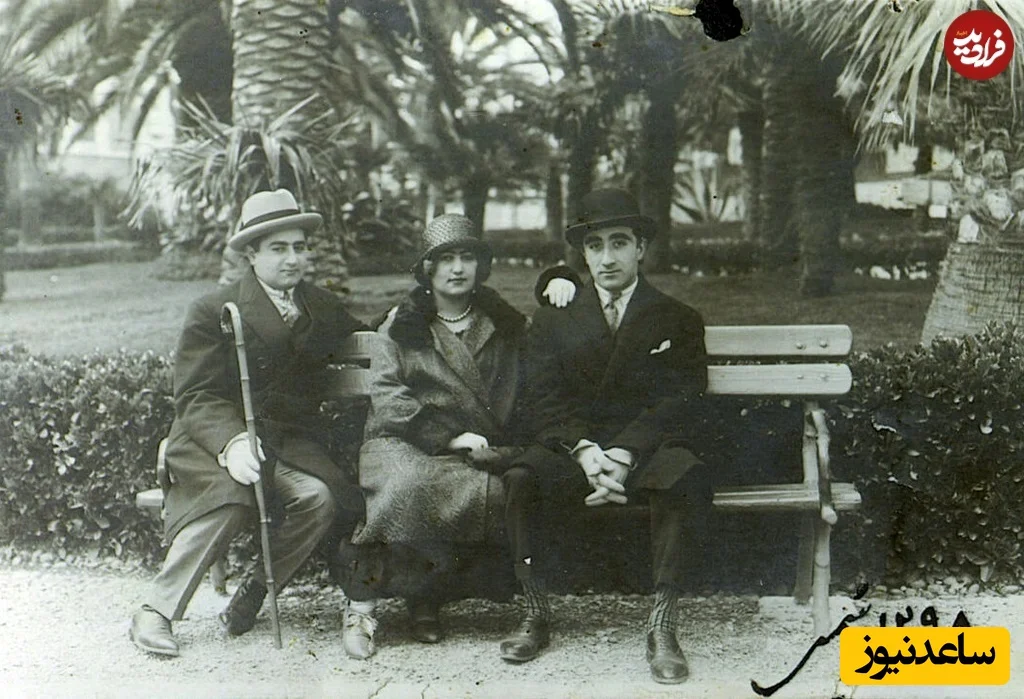 خدیجه خانم حضرت قدسیه (خواهر احمدشاه قاجار) در کنار برادرش سلطان مجید میرزا و همسرش فتح الله میرزا ملک منصور در اروپا.