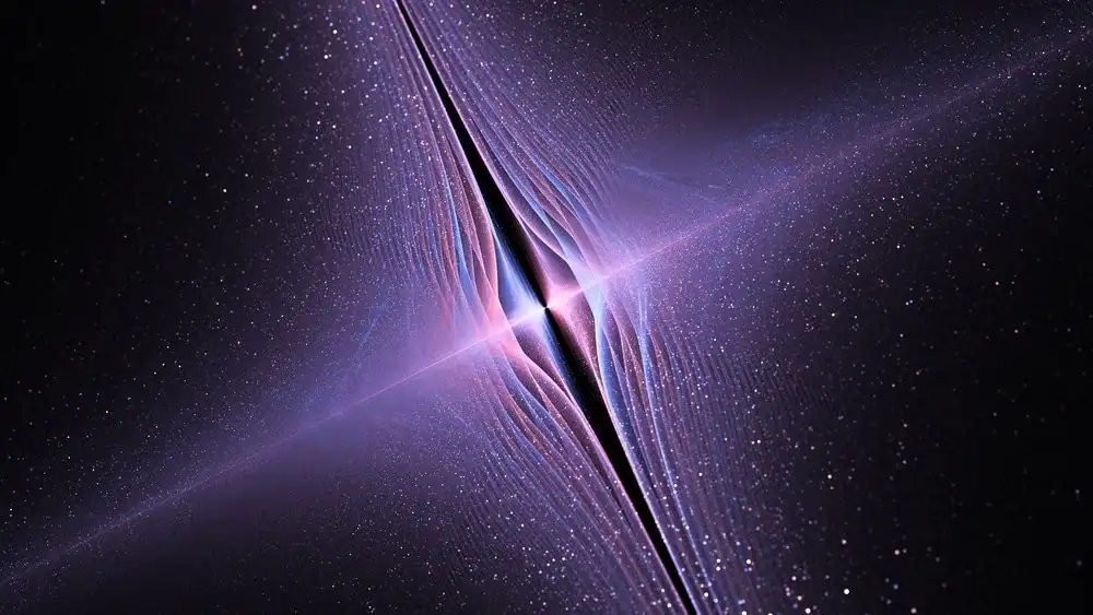 Abstract purple light beams cross in the center against a dark starry background, creating a luminous, bow-like shape.