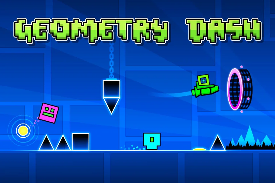 Geometry Dash Gameplay Screenshot from Geometry Dash Blue Level with Spikes Portals a Pink Square Obstacle and a Turquoise Square Player Near the Ground