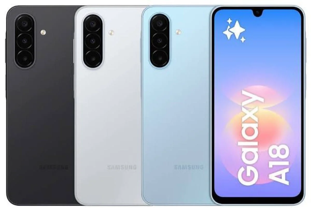 gsmarena_001 Samsung Galaxy A18 phones in four colors (black, white, blue) shown from back and front with