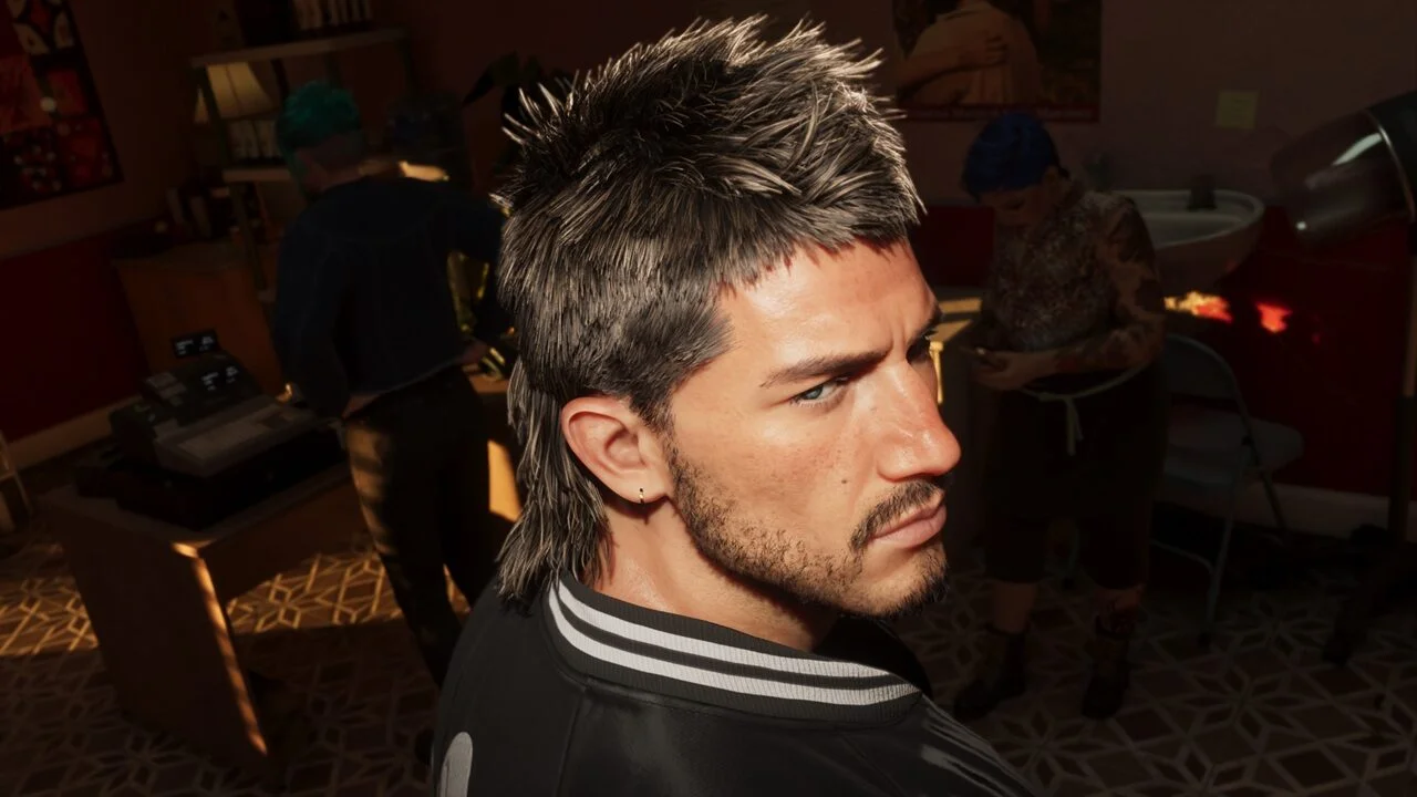 Gta 6 Man with a Spiky Silver dyed Hairstyle in a Salon Looking to the Right