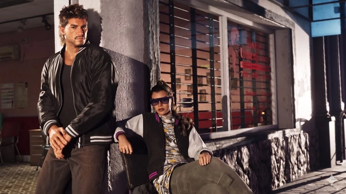 Gta 6 Two Casually Dressed Adults Pose Against an Urban Storefront Man Standing and Woman Lounging in a Varsity Jacket and Sunglasses Outside